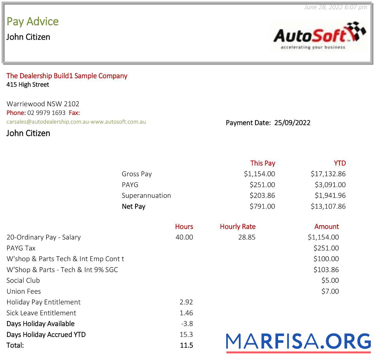 Downloadable Australia NSW AutoSoft payslip download for verification